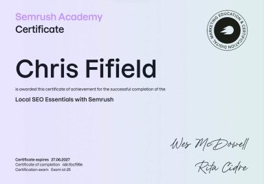 Local SEO Essentials Certificate of completion for Chris Fifield in SEO Essentials with Semrush Academy.