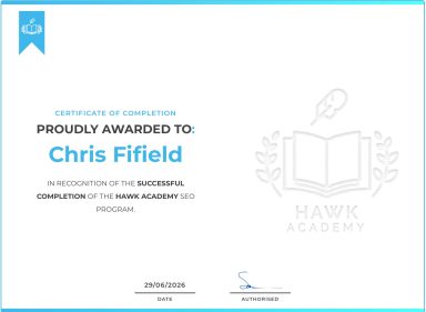 Multi skilled SEO Certificate awarded to Chris Fifield for completing a course at Mawk Academy.