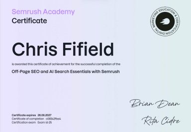 Off Page SEO Certificate awarded to Chris Fifield for completing Off-Page SEO and Search Essentials.