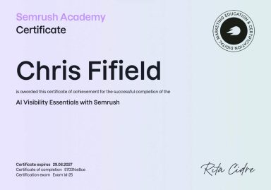 AI Visibility Certificate awarded to Chris Fifield for completing a Visibility Essentials course.