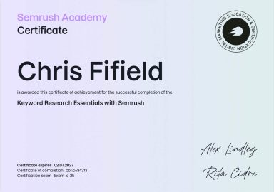 Keyword Research Certificate from Semrush Academy awarded to Chris Fifield for completing Keyword Research Essentials.