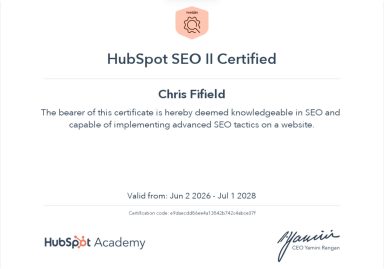 Advanced SEO HubSpot SEO II certification awarded to Chris Field, valid from Jun 1, 2021, to Jul 7, 2023.